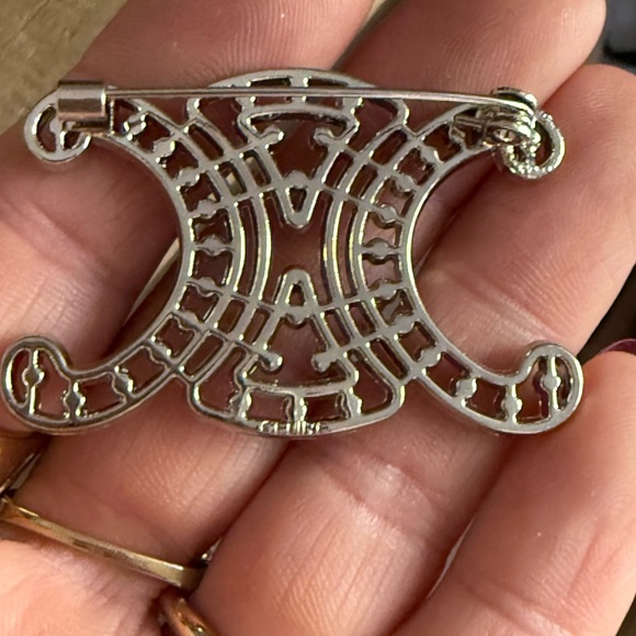 Silver Tone Rhinestone Scroll Monogram Brooch Pin - Picture 4 of 5